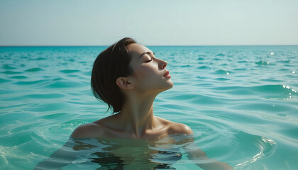 Peaceful Young Woman with Eyes Closed Enjoying Warm Sunlight in Clear Turquoise Tropical Ocean, Excellent for Travel, Wellness, or Skincare Advertising