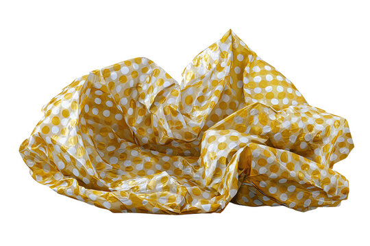 Crumpled metallic gold tissue paper with white polka micro-print isolated on transparent background.
