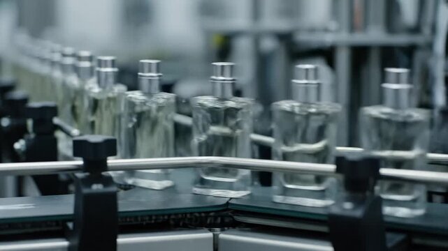 Perfume Bottles Production Line - A close-up shot showcases perfume bottles moving along a factory conveyor belt. The video captures the automated process of cosmetic product manufacturing.