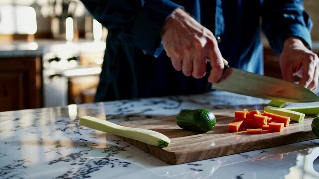 Warm, inviting kitchen with marble countertops, shot from a low angle. Sunlight streams in, creating a cozy video-friendly atmosphere.