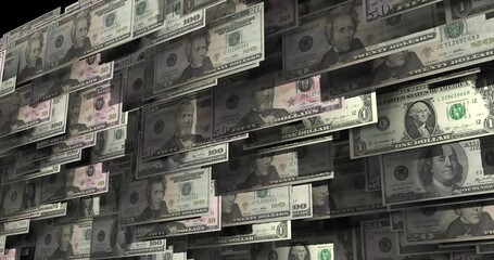 US dollar bills lined up in 3D rendering 4K animation - Powered by Adobe