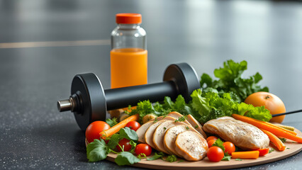 fresh vegetables and a glass jar gym fitness theme, dieting and exercise