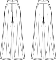 Wide leg pants fashion flat sketch with waistband and pleats technical drawing vector illustration front and back view design