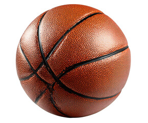 A close up shot of a basketball showing the texture and design against a black background in studio lighting