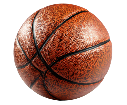 A close up shot of a basketball showing the texture and design against a black background in studio lighting
