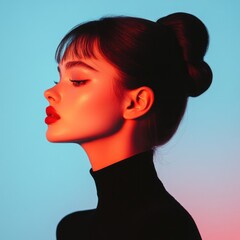 Radiant Profile: A captivating profile of a woman with an elegant updo and bold red lips, illuminated by a striking contrast of light and shadow, creating a glamorous and alluring portrait.