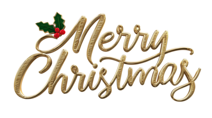 Brushed-gold “Merry Christmas” script with enamel-filled letters and holly accents isolated on transparent background.
