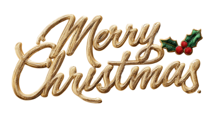 Brushed-gold “Merry Christmas” script with enamel-filled letters and holly accents isolated on transparent background.

