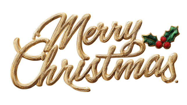 Brushed-gold “Merry Christmas” script with enamel-filled letters and holly accents isolated on transparent background.

