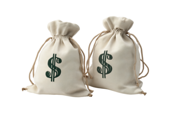 Two off-white canvas money bags with stitched green dollar symbols and drawstrings isolated on transparent background.
