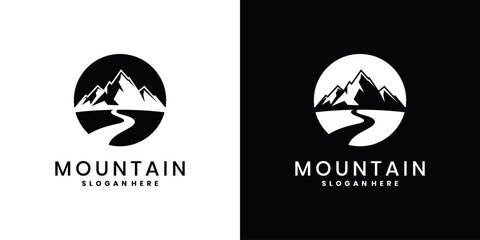 Mountain badge logo design with abstract peak and winding road path © gibran fatih