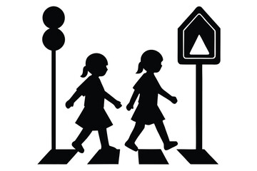 Silhouette of Two Girls Crossing Street Near Zebra Crossing, Traffic Light, and Pedestrian Sign