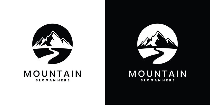 Mountain badge logo design with abstract peak and winding road path