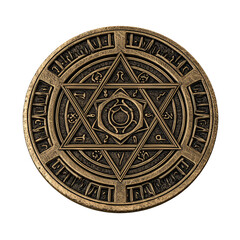 Circular brass coin with debossed occult lines, worn texture, and milled edge isolated on transparent background.
