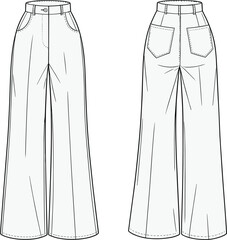 Women high waist wide leg pants technical flat sketch front and back view fashion vector template for clothing design illustration