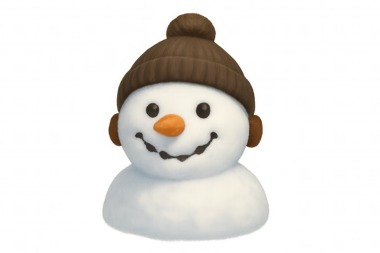 Snowman wearing knit hat and earmuffs, smiling, winter holiday character, transparent background