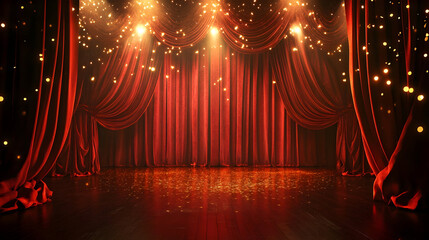 Luxurious theater stage with grand velvet curtains and dramatic lighting