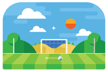 Fototapeta premium Soccer Field Illustration with a Rolling Ball, Goal, Clouds, and Sunny Sky