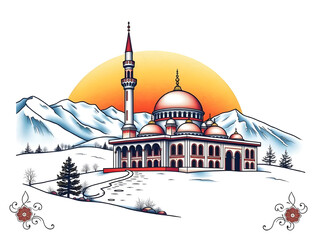 Origami-Style Digital Painting of a Snowy Mosque in Majestic Mountains