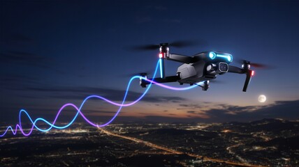 Spectacular drone flight over illuminated cityscape at dusk with full moon creates a powerful modern technology visual and exciting aerial perspective