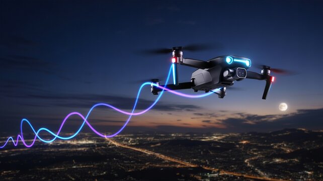 Spectacular drone flight over illuminated cityscape at dusk with full moon creates a powerful modern technology visual and exciting aerial perspective