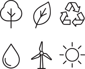 Nature and eco-friendly liner icon pack, tree, leaf, recycle, water drop, renewable energy