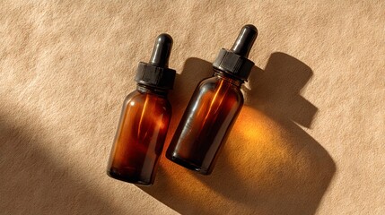 Two amber glass bottles with black droppers sit on a neutral, textured surface. The sunlight...