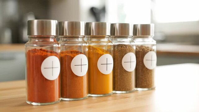 Row of Spice Containers - A close-up shot showcases a row of glass spice containers. The containers are filled with various colorful spices and neatly arranged on a wooden surface.