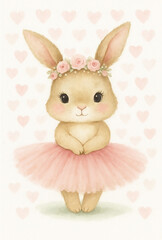 Obraz premium A drawn cartoon bunny girl in a skirt with hearts on the background