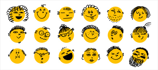 Doodle face set with hand drawn crayon pencil texture on yellow circles. Diverse people, smiles, and funny expressions in playful vector style. Perfect for stickers, posters, cards