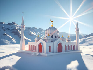 Origami-Style Digital Painting of a Snowy Mosque in Majestic Mountains