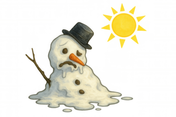 Melting snowman under strong sun bringing concepts of global warming, climate change, and heat crisis