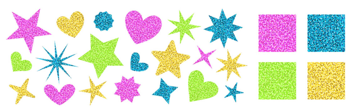Glitter seamless patterns and stars and hearts shape stickers. Bright vector sequin textures in pink, blue, green, and gold. Perfect for christmas festive designs. Drag to swatches panel to use.