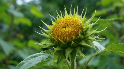 A sunflower bud sits prominently in a green garden displaying its golden yellow colors that hint at stunning blooms. Sunlight filters through the leaves enhancing its vibrant hues.