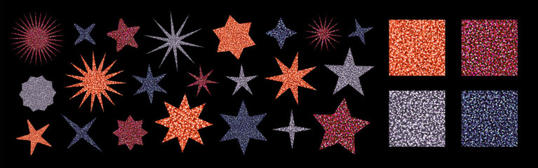 Stars and glitter seamless patterns set. Sparkling vector sequin designs in metal tones with disco shine texture. Perfect for stickers, scrapbooking, christmas projects. Drag to swatches panel to use