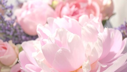 Fototapeta premium Peony flower macro abstraction, overlapping petals, diffused highlight, soft romantic