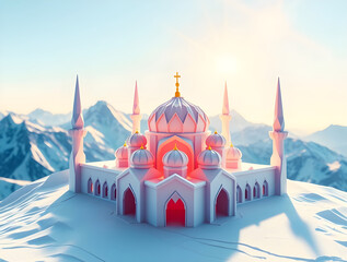 Origami-Style Digital Painting of a Snowy Mosque in Majestic Mountains