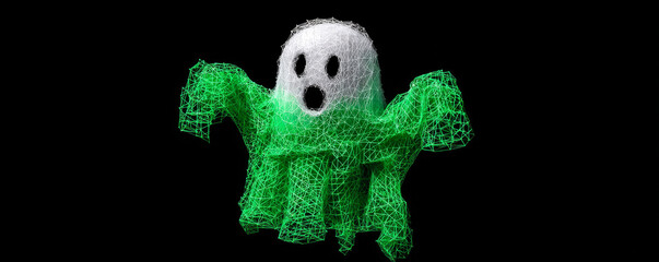 3D Green Ghost Figure with Surprised Expression Outlined in Glowing Particles on Dark Background