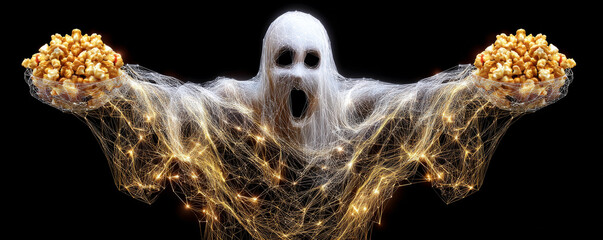 Ethereal Ghost Figure Emitting Golden Particles While Holding Treats Against Dark Background