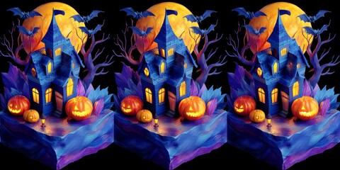 Isometric 3D Halloween Scene Featuring Haunted House Bats and Glowing Pumpkins Under a Full Moon