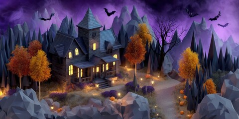 Isometric 3D Halloween Scene Featuring Haunted House Surrounded by Autumn Trees and Bats Under Purple Sky