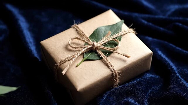 Kraft Gift Wrapped with Twine and Leaf on Blue Fabric - A small gift wrapped in kraft paper tied with twine, with a green leaf as decoration, sits on a dark blue velvet fabric.