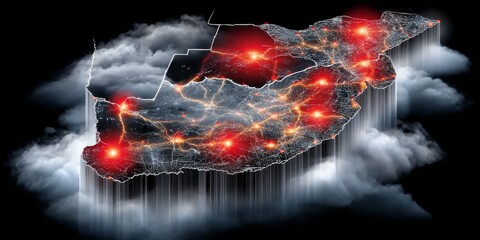 Isometric 3D Map of South Africa with Glowing Outlines and Interconnected Networks Against a Dark Background