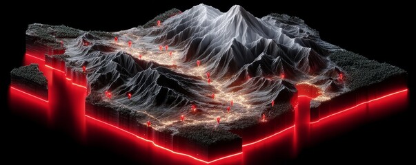 Isometric 3D Map of Mexico Showcasing Terrain Highlights and Illuminated Features on Dark Background
