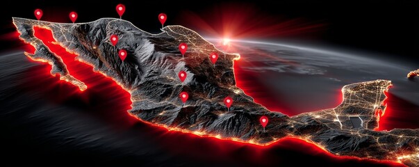 Isometric 3D Map of Mexico Showcasing Terrain Highlights with Location Markers