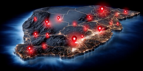 Isometric 3D Map Representation of South Africa with Glowing Outlines and Highlighted Locations