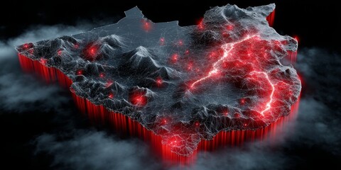 Isometric 3D Map of South Africa with Glowing Red and White Lights against Dark Background