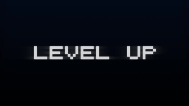 level up animation of looped text with dynamic glitch distortion effect. pixel distort text animation. 4k video animation