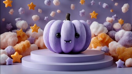 Kawaii Vampire Pumpkin on a Light Lavender Stage Surrounded by Fluffy Clouds and Stars
