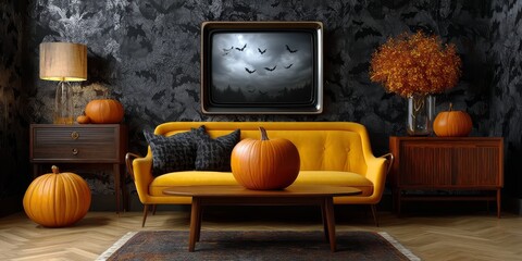 Mid-century Halloween Living Room Featuring Cozy Pumpkin Decor and Spooky TV Display